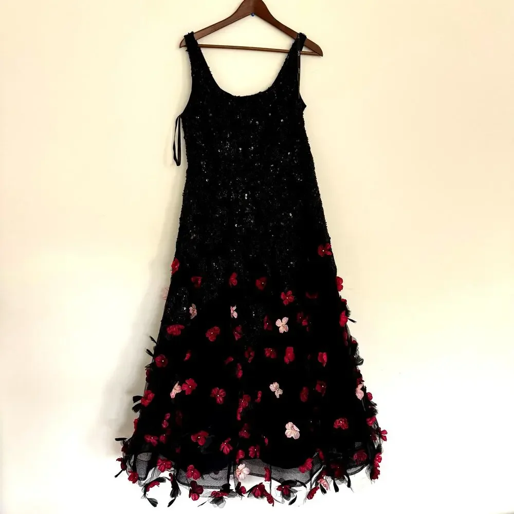 NEW Mag Duggal Sequin Floral Appliqué 3D FlowersBlack Midi Dress Size 10 - Picture 5 of 15